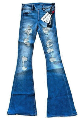 $199 True Religion Runway Flare Jeans 2XS 32 Inseam Destroyed Mid Rise Pull On
