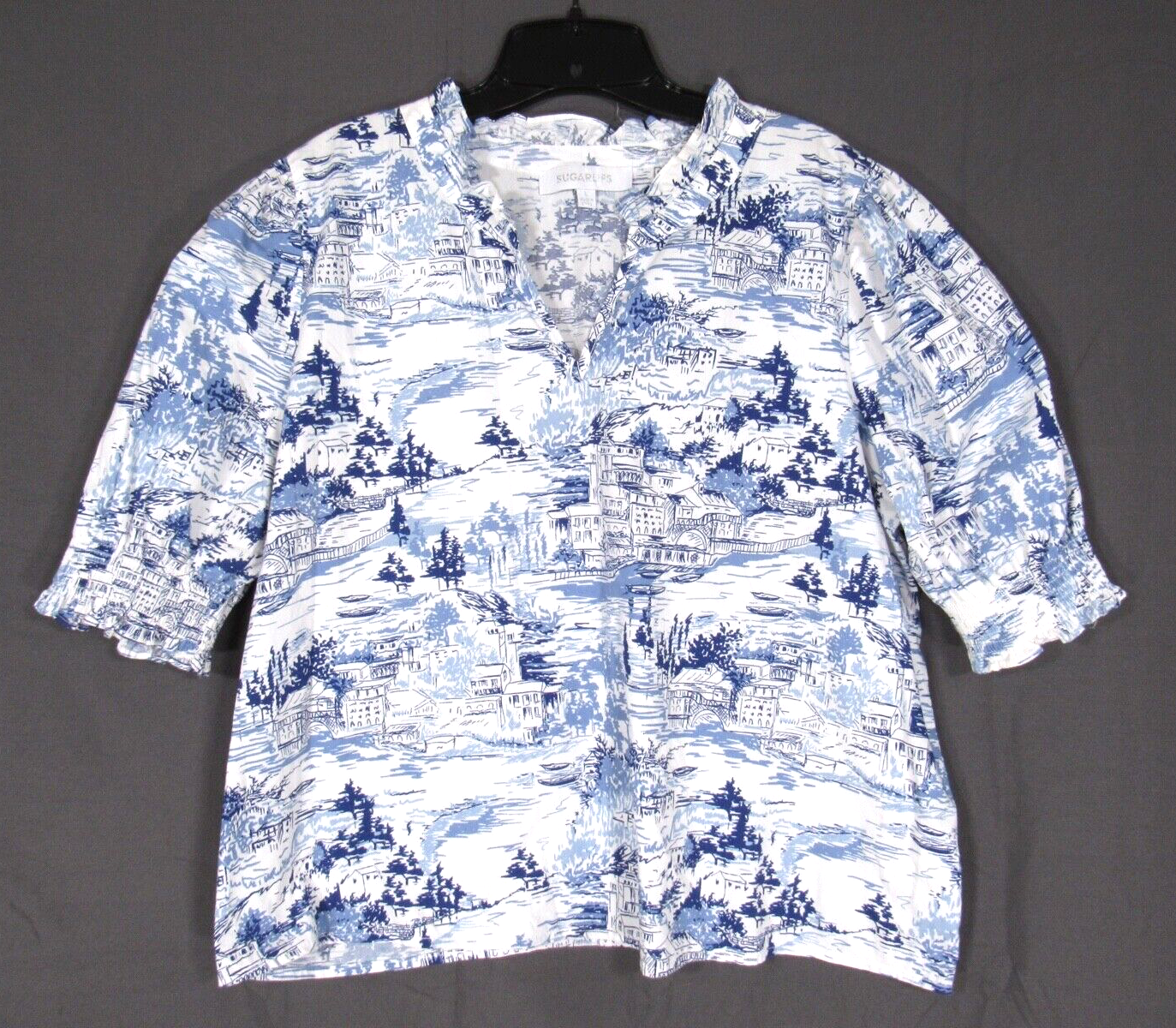 SUGAR LIPS Blue/White LANDSCAPE TOILE Cotton Twill PUFF SLEEVE V-Neck TOP Sz L
