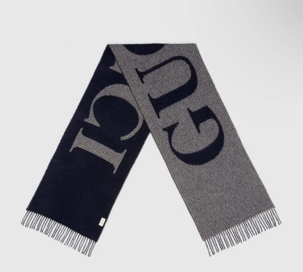 Gucci écharpe homme jacquard laine mélangée broderie gris et bleu marine 190x35cm