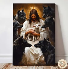 Jesus Protecting The Lamb Framed Canvas Wall Art, Wall Art Canvas Poster 103