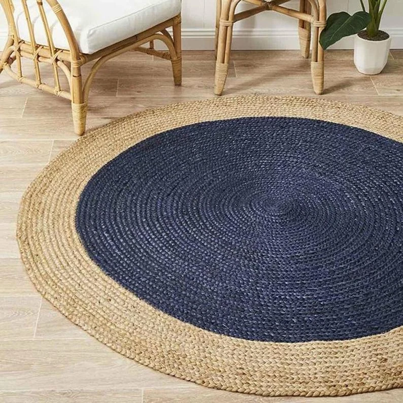 Rug Round Jute Blue with Beige Border Hand Braided Circle Area Rug - Image 4 of 4