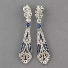 Art Deco Style Lab Created Diamond & Sapphire Dangle 14k White Gold FN Earrings