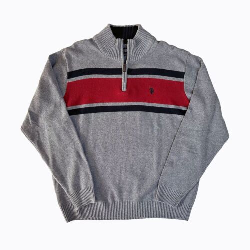 US Polo Assn Men's Quarter Zip Sweater Gray Navy Chest Stripe Classic Sporty XL