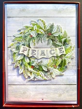 Box of 15 Punch Studio Christmas Cards Large Peace Wreath 3D Silver Foil Jeweled