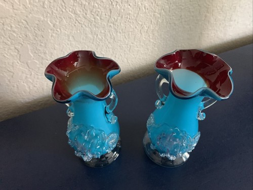 2 Vintage Stevens & Williams Ruffled Hand-Blown Applied Vase Turquoise/Red 6.5" - Picture 13 of 13