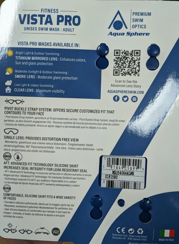 Máscara de natación Aqua Sphere Vista Pro con lente espejada de titanio rojo - hecha en Italia Foto 2 de 2