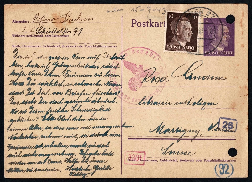 1943 Censored WWII Postcard – Hitler Stamps – Germany to Switzerland - Image 3 of 3