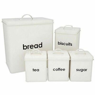 5-teiliges Brotkasten Set Tee Kaffee Zucker Keks Kanister Glas Emaille beschichtet Metall Crem