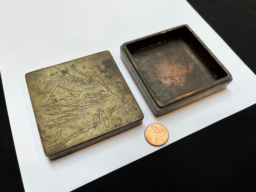 Antique Square Chinese Paktong Calligraphy Ink Box with Engraved Lid - Picture 9 of 13