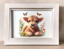 Cow Art Print, Highland Cow And Butterflies Art Print Farmhouse Wall Art Print
