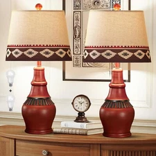 Lamps Set of 2 Bedside Red Rustic Western Farmhouse Nightstand Dimmable 3-Color