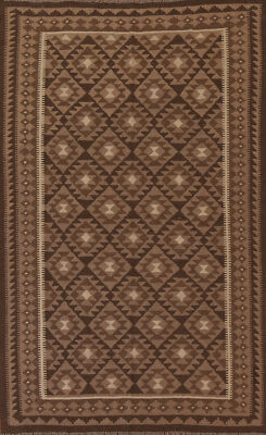 Brown Geometric Kilim Rugs Wool Traditional Kelim Carpets 5x8 ft