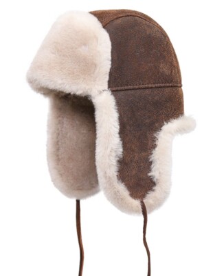 Cucuba Ushanka leren hoed van Montone Shearling voor heren, pilotenmuts, sneeuwpop, met oorbeschermers (L), Bruin