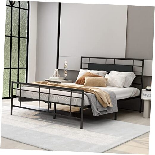 Metal Queen Size Platform Bed Frame with Headboard and Footboard Under