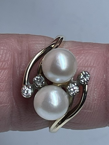 Anillo de diamantes y perlas dobles vintage de oro 14K (6,5 mm) talla 6,5 firmado por AJ - Imagen 7 de 8