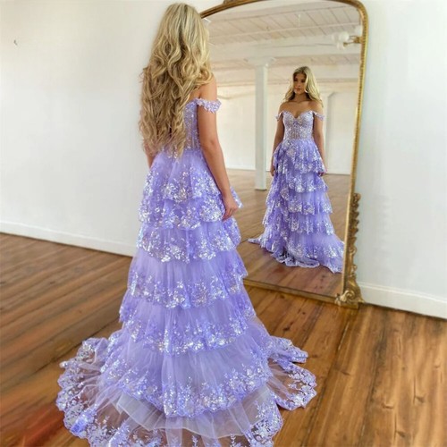 Sexy Side Slit Prom Dresses Off Shoulder Appliques Backless Tiered Party Gowns - Picture 2 of 11