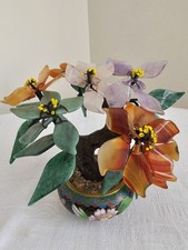 Antique Cloisonne Bonsai Gemstones Rose Quartz, Amethyst, Carnelian, Aventurine