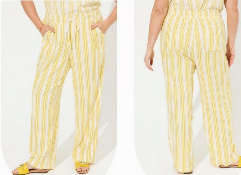 Torrid Plus 5 Yellow Stripped Elastic Waist Drawstring Linen Blend Pants Size 4P