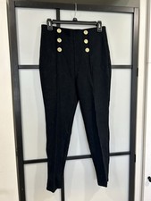 Women's Black Flat Front Solid Regular Tapered Pants Gold Button Accents