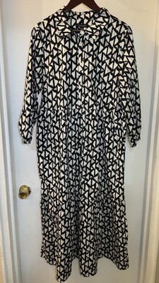 Rachel Zoe Women s Black & White Geometric Print Shirt Dress Maxi Pockets XL