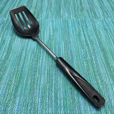 Ekco Nylon Slotted Spoon Cooking Serving Black Plastic Handle USA Flat Edge Vtg