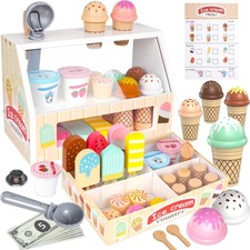 Wooden Ice Cream Set for Kids, 49 PCS Wooden Role Play Ice Cream Counter Shop