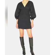 FRAME Black Smocked V-Neck Mini Dress Long Sleeve Textured Crinkle Size S