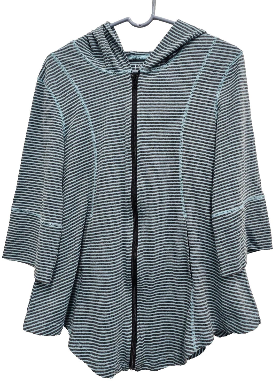 Lur Lagenlook Hoodie Womens Small Teal Navy Striped Full Zip 3/4 Sleeve Casual