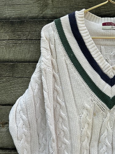 Vintage 90s Cambridge Bay Tennis Cricket Sweater V Neck Preppy Rib Cable Knit XL - Picture 12 of 19