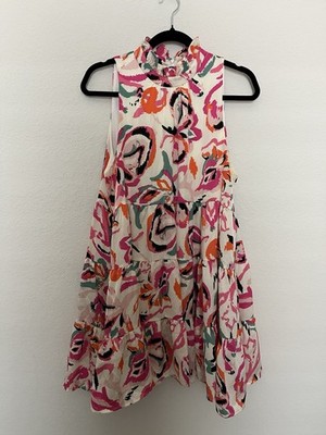 TCEC Calliope Dress Size M Tiered Sleeveless Pink Floral Ruffled Neck Short Midi