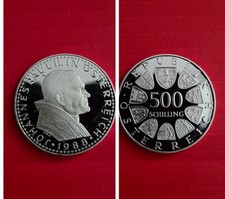 500 Schilling 1988 &Ouml;sterreich Papst J.P.II. 0.925 Silberm&uuml;nze.