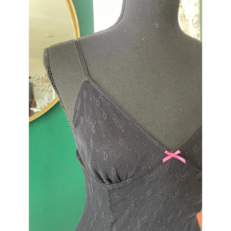 Betsey Johnson Sheer Lace Chemise Womens M Black Pink Bow Y2K Lingerie Romantic - Image 3 of 4