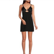 Gianni Bini Dress Women 10 Black Mini Chain Strap Cutout Satin Bodice LBD