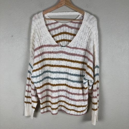 SO Sweater Womens 1X Cream Loose Knit Striped Casual Layering Versatile Staple - Picture 14 of 15