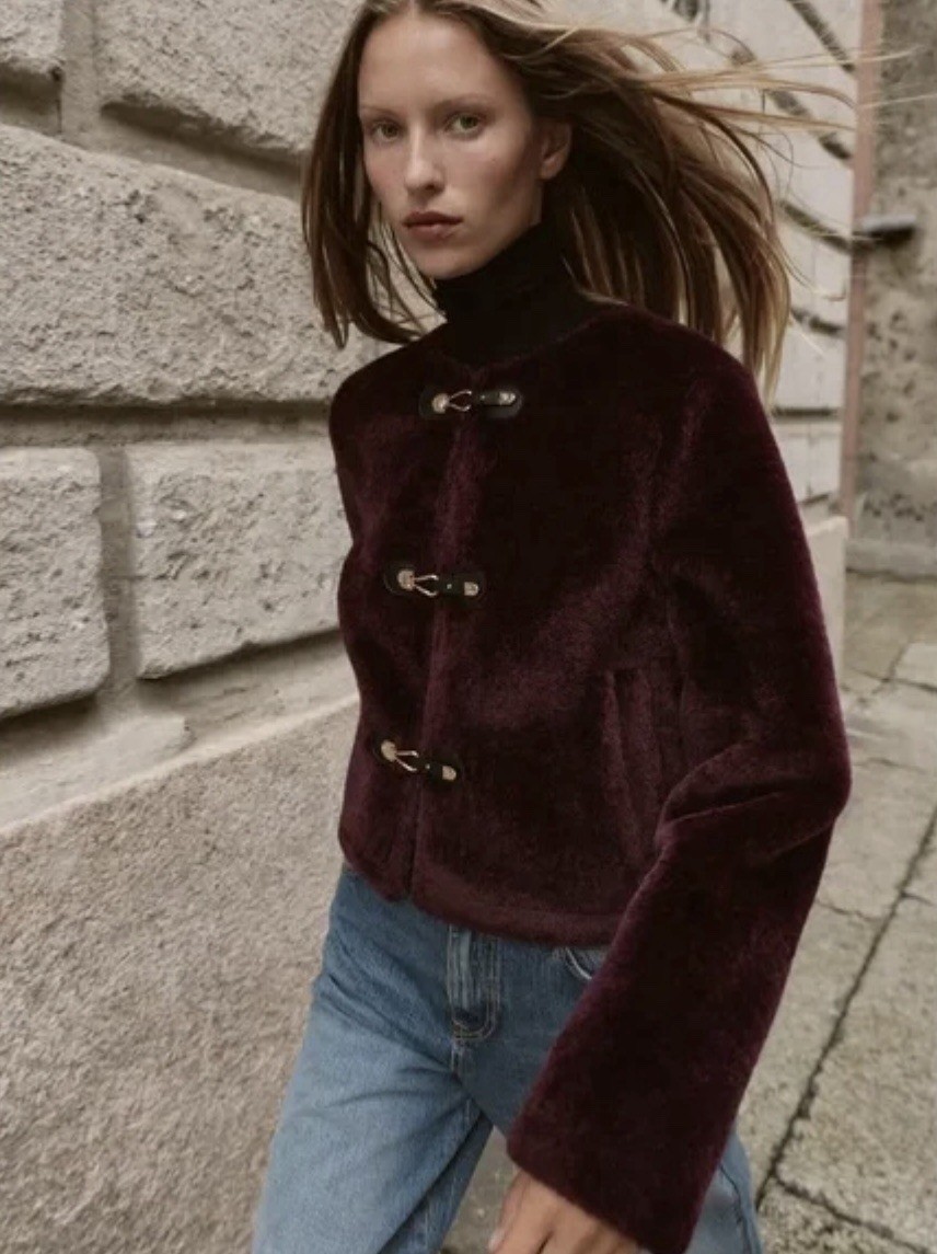 Zara Burgundy Faux Fur Toggle Clasp Jacket New With Tags XS | eBay