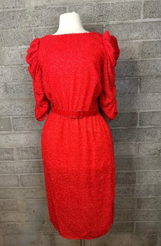 Vintage Mara JJrs Red Textured Puff Sleeve Belted Dress – 80s Glam Vibes