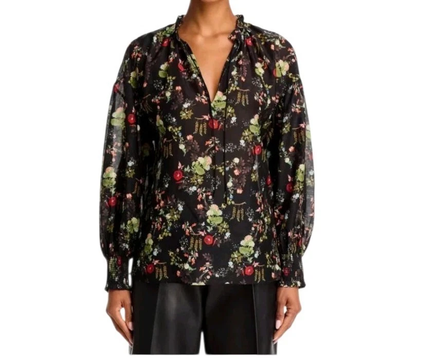 Alice + Olivia Julius Smocked Cuff Blouse Women's Black Floral Print Silk Blend - Image 2 of 4