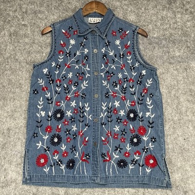 Keren Hart Sleeveless Denim Top Floral Embroidered Americana Vtg 90s Sz Large