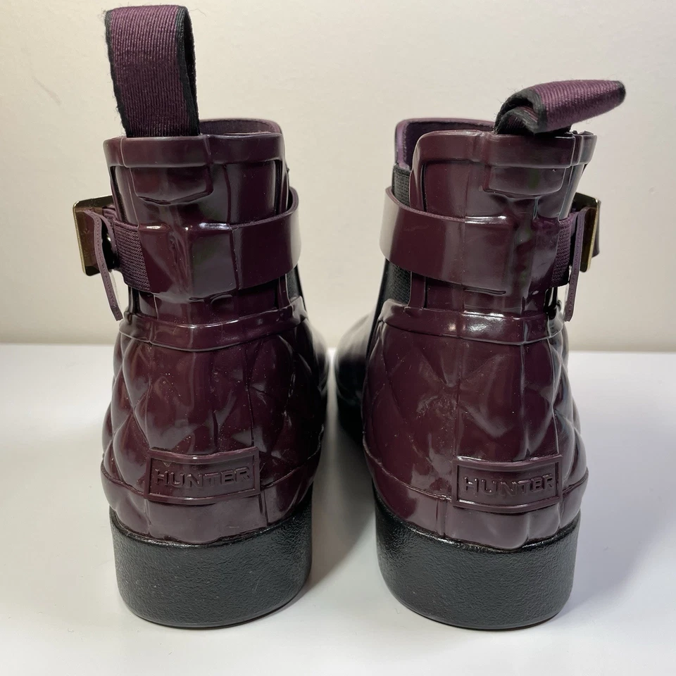 Botas Hunter Femininas 7 Borgonha Refinada Chelsea Acolchoada Brilho Chuva Bota Curta - Imagem 3 de 4