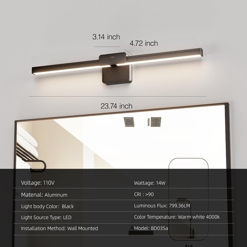Elegant 14W LED Vanity Light - 4000K for Makeup & Bathroom, Anti-Glare, Black - Picture 2 of 7