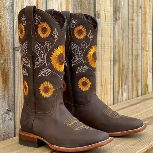 Women Sunflower Pull On Mid Calf Low Block Heels Western Cowboy Fashion Boots - Picture 3 of 30