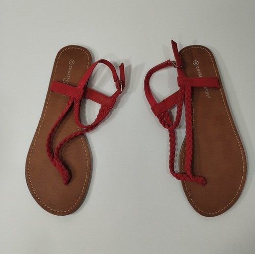 Charles Albert Womens Flat Sandals Size 8 Red Adjustable Braided Straps - Picture 2 of 9