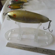 FISHING LURE UNKNOWN 3" VINTAGE WOOD SURF-ORENO TYPE S.B. MINNOW  GOLD & RED JAW