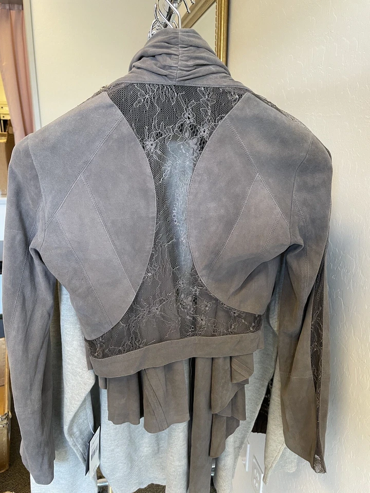 Haute Hippie Suede & Lace Panel Drape Shrug Jacket in Gray Size XS $395 - Image 2 of 4