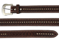 Western Cowboy Ranger Tooled Brown Leather Belt Double Stitch Serpentine Size 54