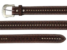 Western Cowboy Ranger Tooled Brown Leather Belt Double Stitch Serpentine Size 54