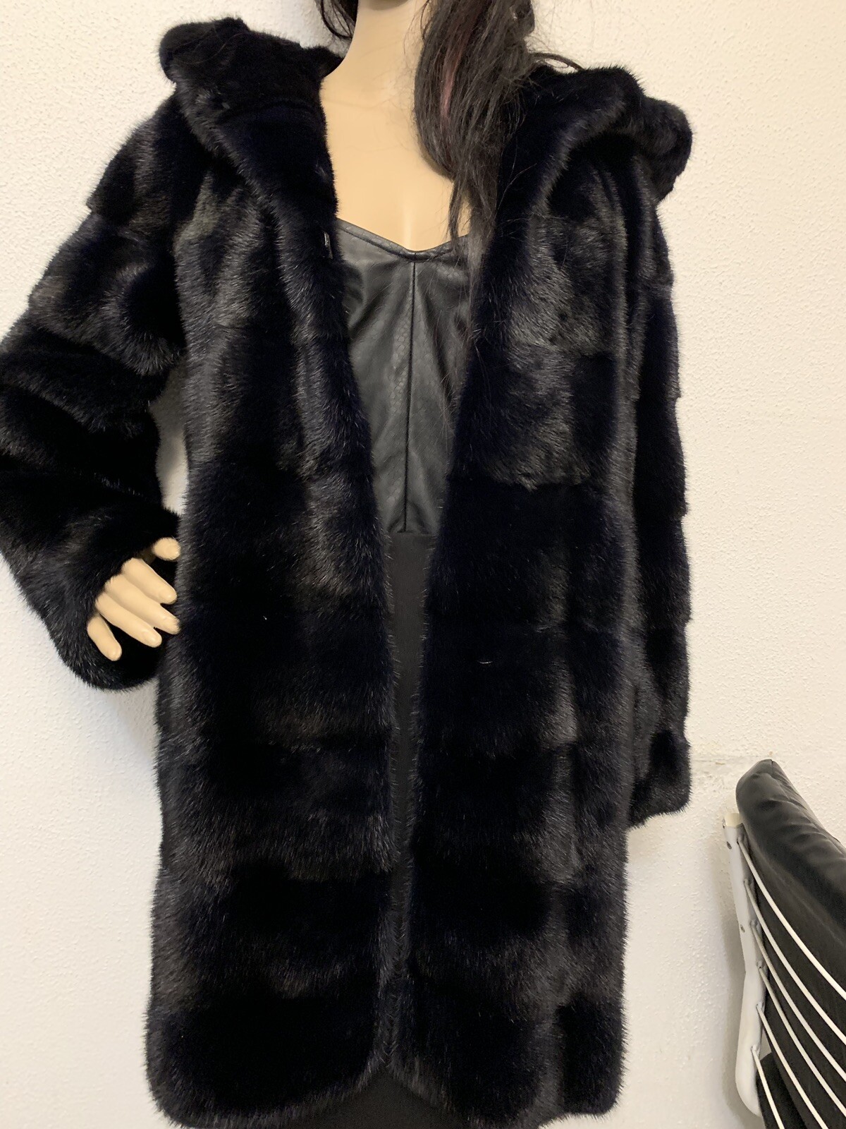 Splendido cappotto donna Yves Salomon orizzontale moderno visone navy con cappuccio giacca 36 S