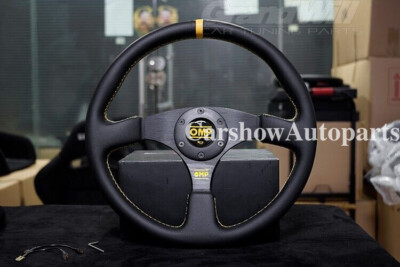 OMP 350mm 14' Genuine Leather Flat Yellow stitch Racing Sport Steering Wheel