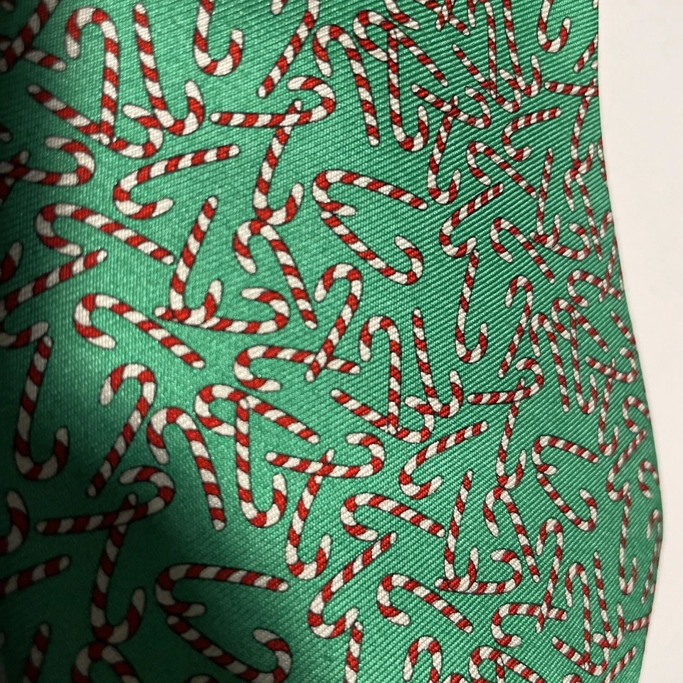 Peter Blair Christmas Green Silk Tie With Red And White Candy Canes Made in USA - Image 2 of 4