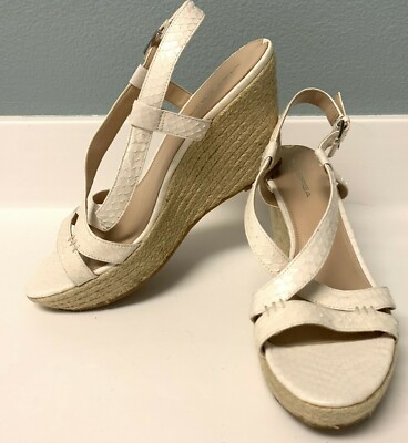 Via Spiga Women 10 Beige Espadrille Wedge Sandal Leather Snakeskin Print 